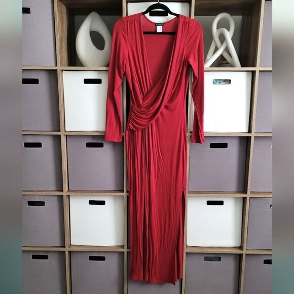 Venus Red Long Sleeve Draped Maxi Dress Size L - Picture 1 of 14